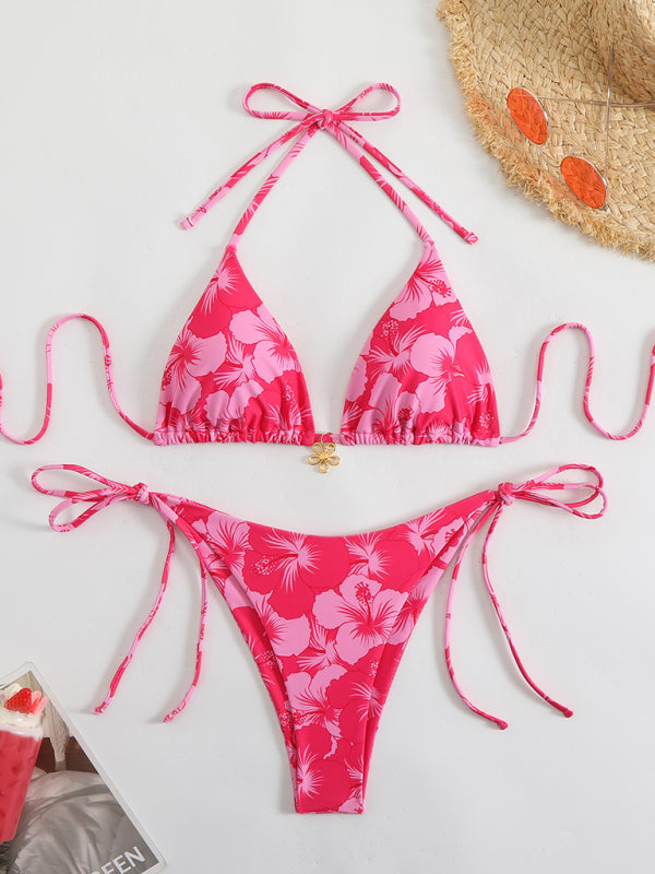 Pink floral print halterneck bikini set for stylish summer beachwear