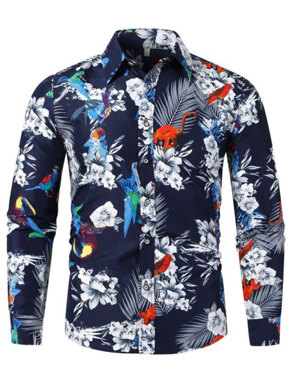 Floral Print Lapel Collar Button-Up Shirt - Champlain color / M
