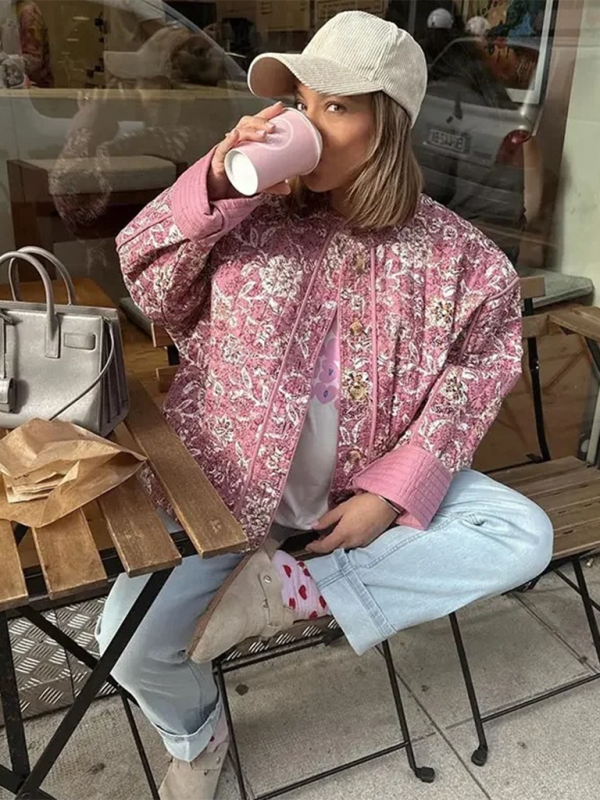Floral Print Round Neck Jacket Cotton Jacket - Pink / S