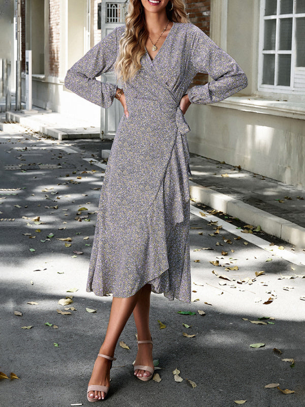 Floral wrap casual resort style strappy full skirt dress - Khaki / S