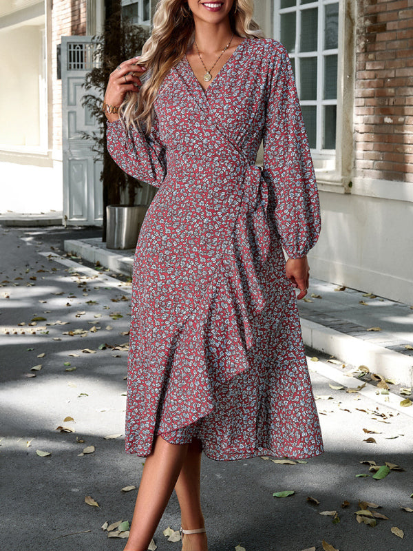 Floral wrap casual resort style strappy full skirt dress - Red / S