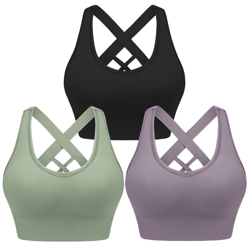 Four seasons women’s solid sports nylon sports bra - Black + purple + green / S