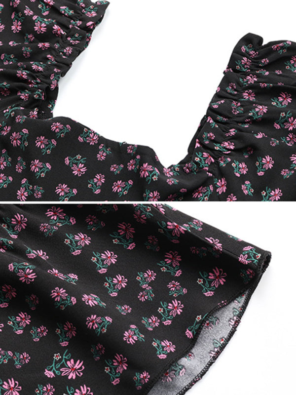 French Floral Dress Black Fungus Edge Pleated One-Shoulder Dress - Closther