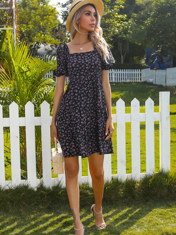 French Floral Dress Black Fungus Edge Pleated One-Shoulder Dress - Closther