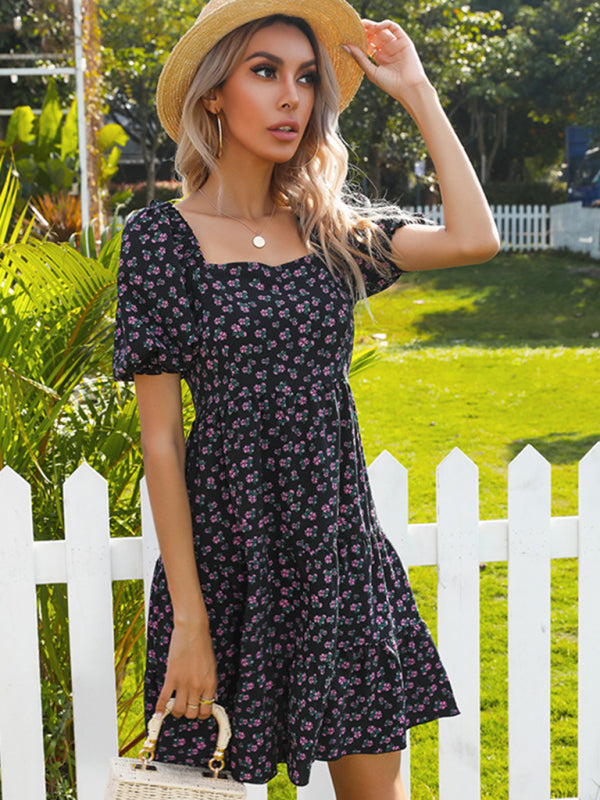 French Floral Dress Black Fungus Edge Pleated One-Shoulder Dress - Closther
