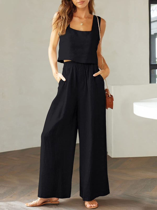 French Loose Casual Wide Leg Pants Square Collar Vest Cotton Linen Suit - Black / L