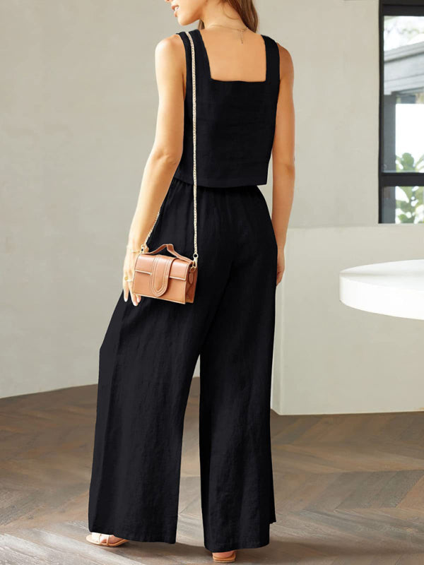 French Loose Casual Wide Leg Pants Square Collar Vest Cotton Linen Suit - Black / L