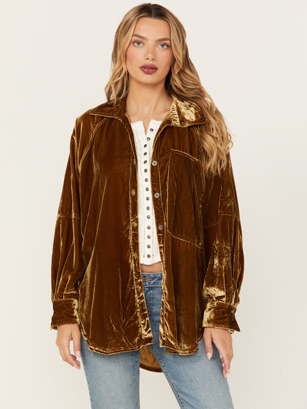 Golden Velvet Oversize Long Sleeve Loose Shirt Jacket - Earth yellow / S