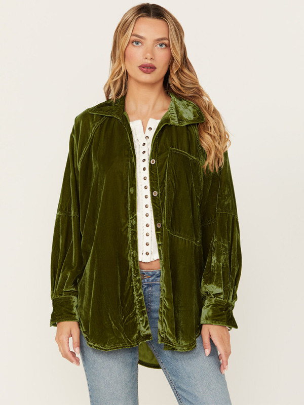 Golden Velvet Oversize Long Sleeve Loose Shirt Jacket - Olive green / S