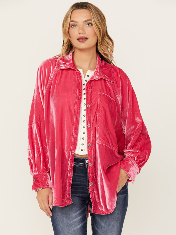 Golden Velvet Oversize Long Sleeve Loose Shirt Jacket - Pink / S