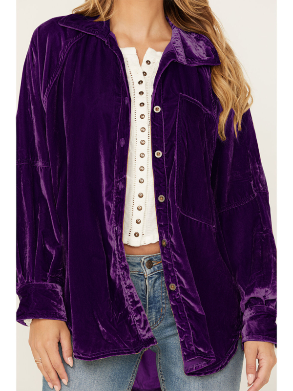 Golden Velvet Oversize Long Sleeve Loose Shirt Jacket - Purple / S