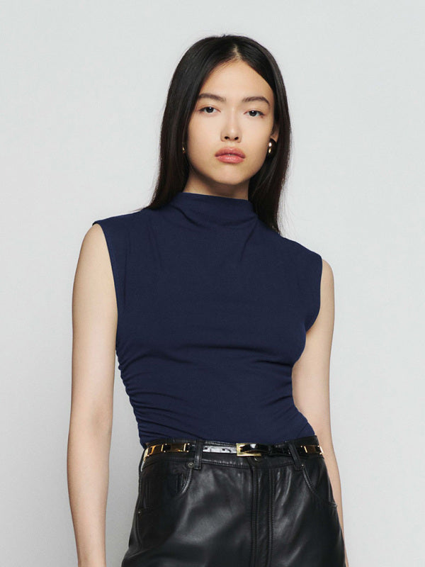 Half-high collar casual all-match vest short shirred polyester-cotton shirt - Champlain color / S