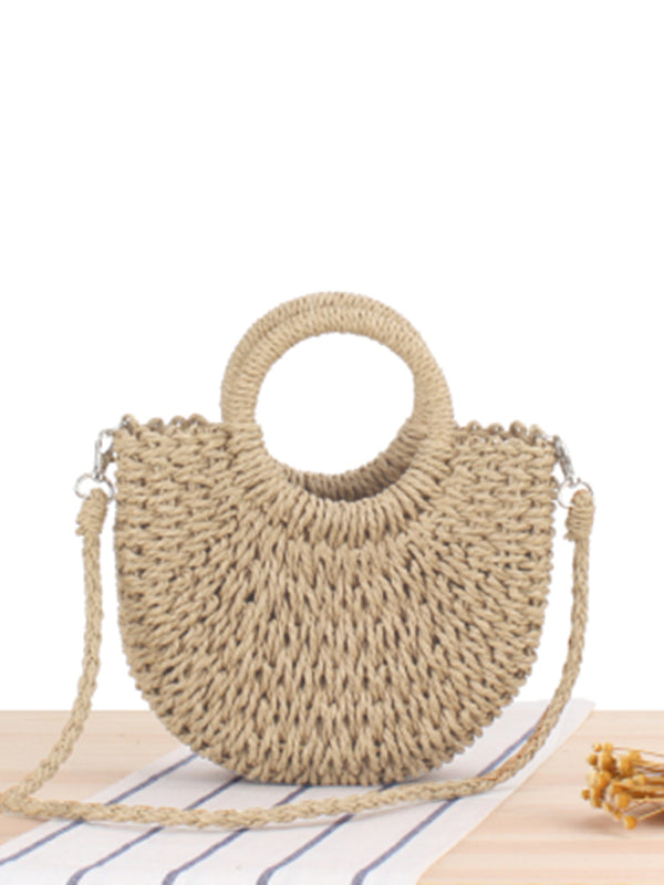 Half round straw woven bag beach hand woven bag holiday women’s bag - Camel / F