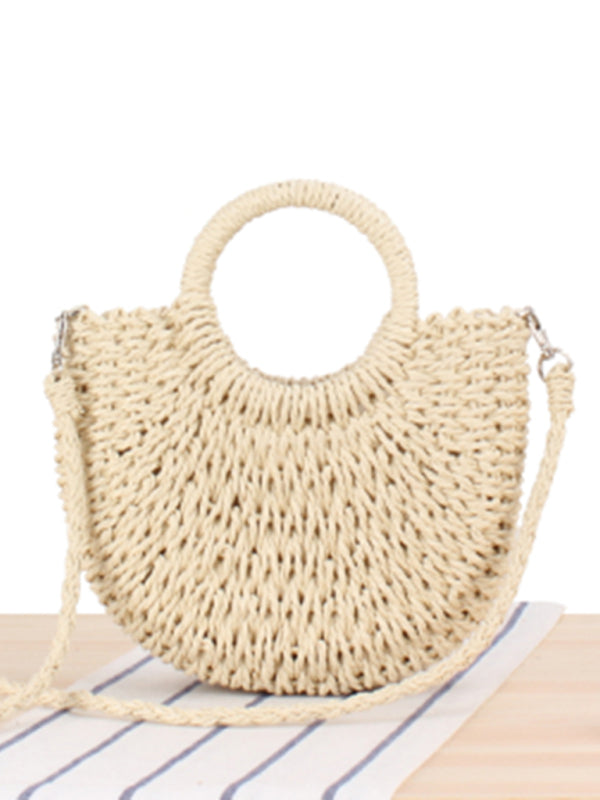 Half round straw woven bag beach hand woven bag holiday women’s bag - Cream / F
