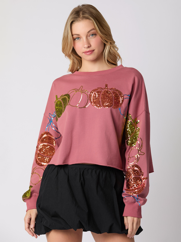 Halloween Pumpkin Sequin Top Long Sleeve Pullover Sweatshirt - Red bean grey / S