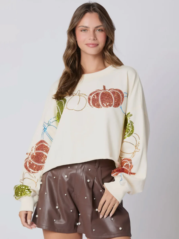 Halloween Pumpkin Sequin Top Long Sleeve Pullover Sweatshirt - White / S