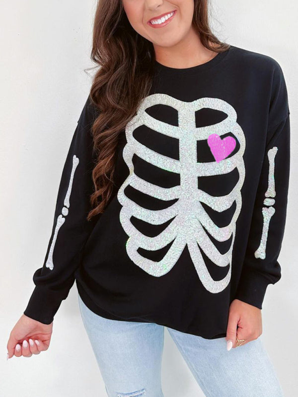 Halloween Skeleton Man Sequin Top Long Sleeve Pullover Sweatshirt - Black / S