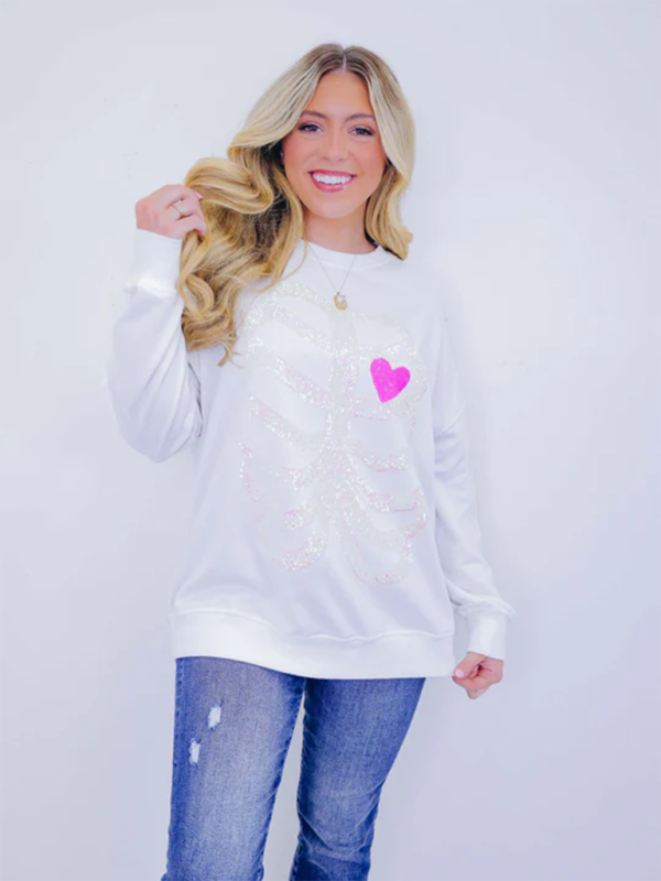 Halloween Skeleton Man Sequin Top Long Sleeve Pullover Sweatshirt - White / S