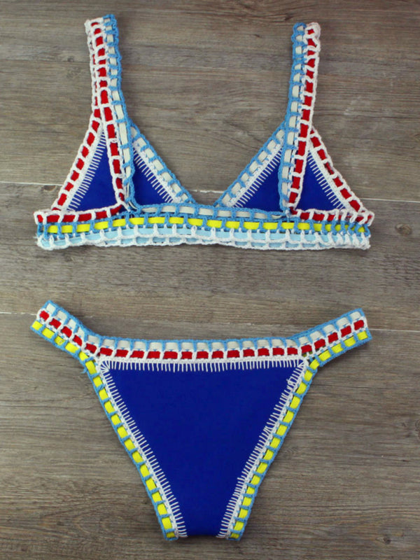 Blue crochet-trimmed bikini from Hand Crocheted Bikini Knit Panel Swimsuit Set