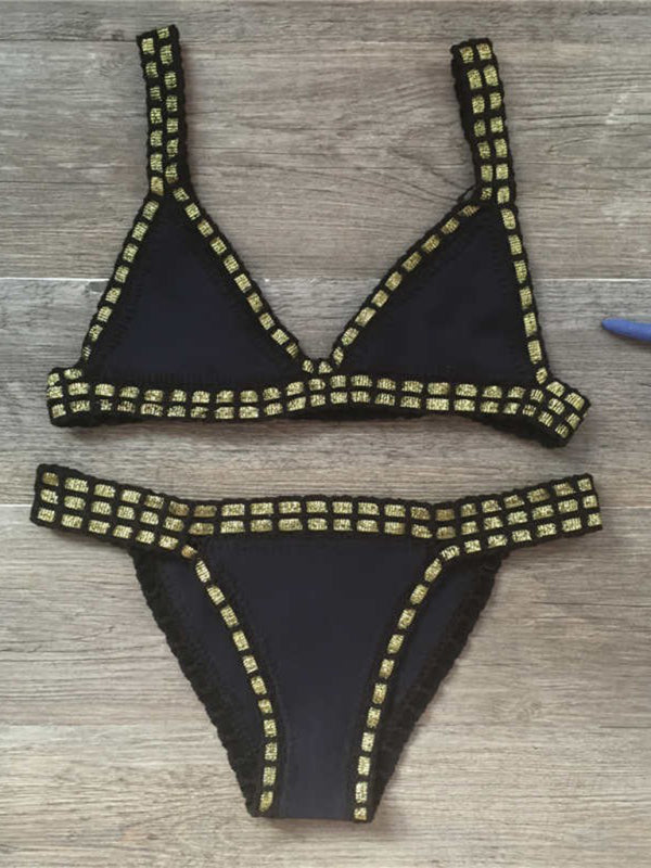 Black and gold hand crocheted bikini knit panel swimsuit set for elegant beachwear