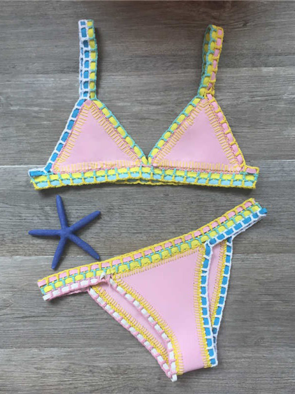 Pink bikini with colorful crochet trim from the Hand Crocheted Bikini Knit Panel Swimsuit Set