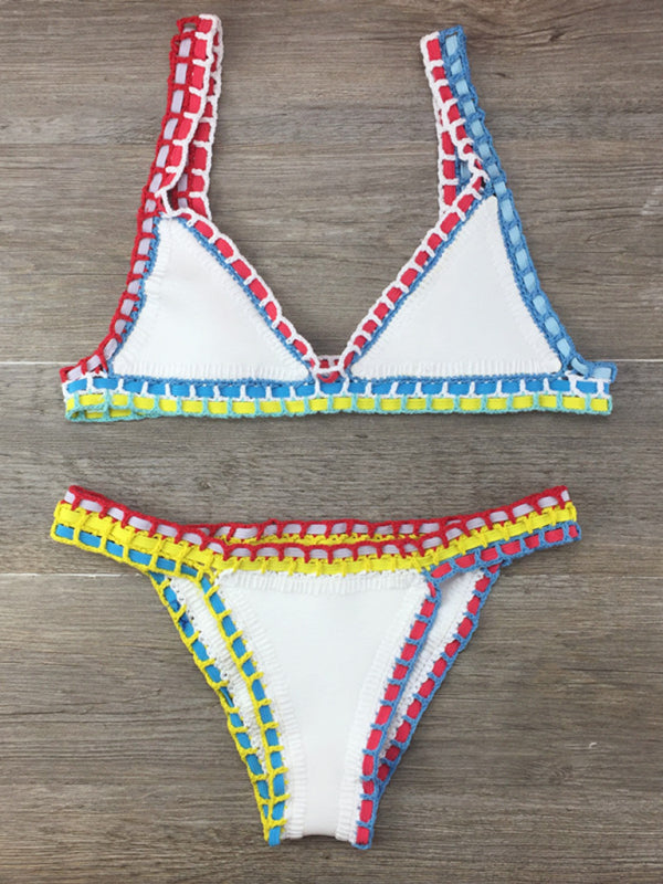 White crochet bikini with colorful trim from Hand Crocheted Bikini Knit Panel Swimsuit Set
