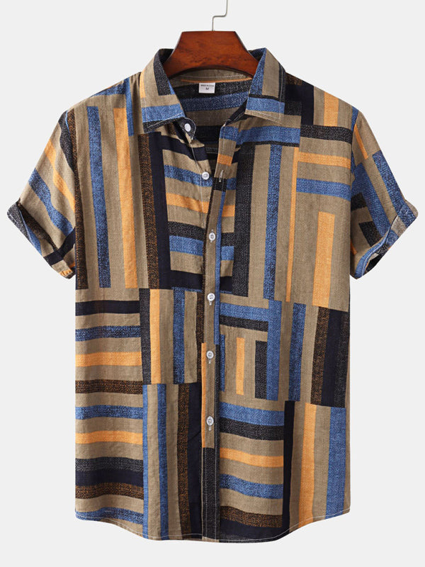 Hawaiian Style Casual Beach Vacation Printed Men’s Shirt - Orange grey / M
