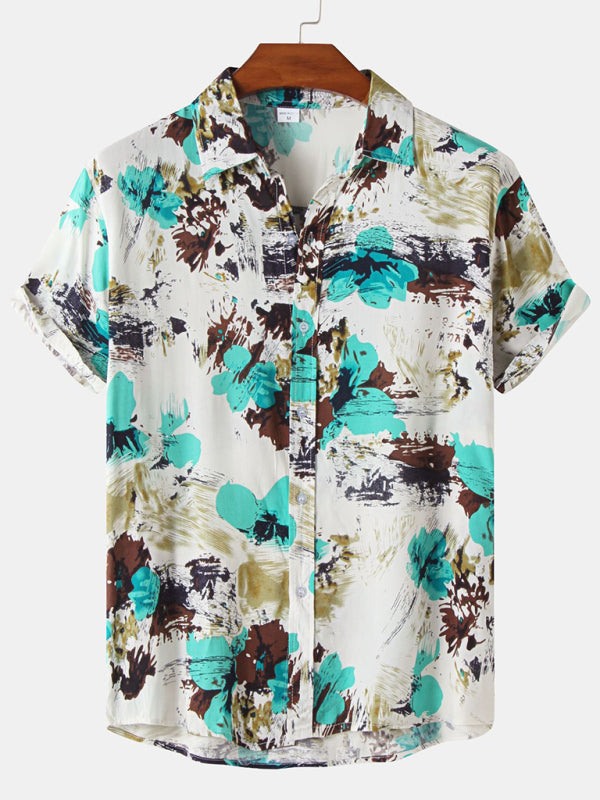 Hawaiian Style Casual Beach Vacation Printed Men’s Shirt - Peacock blue / M