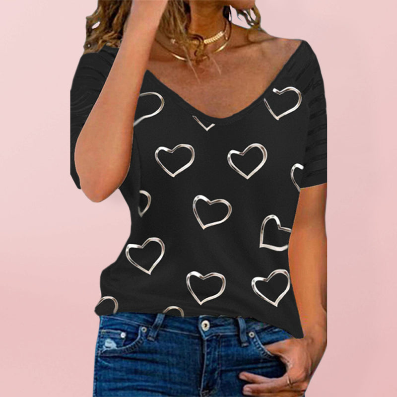 Heart Print Round Neck Short Sleeve Top - Black / S