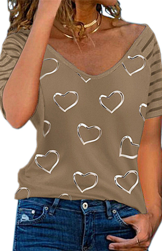 Heart Print Round Neck Short Sleeve Top - Khaki / S
