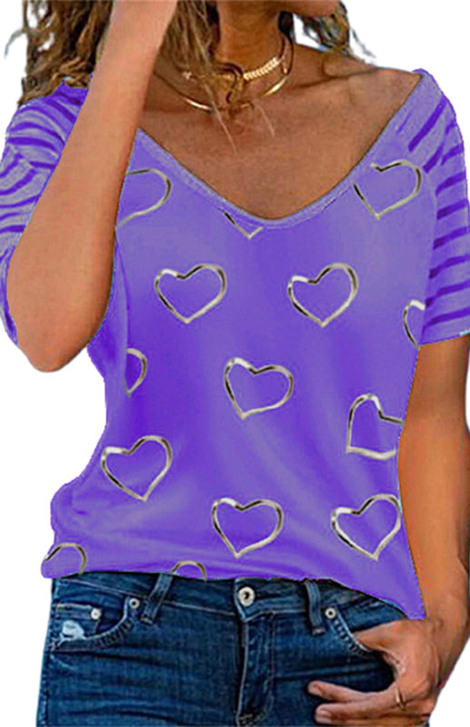 Heart Print Round Neck Short Sleeve Top - Purple / S