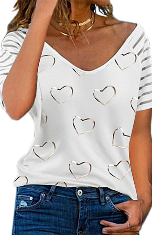 Heart Print Round Neck Short Sleeve Top - Raw white off white / S
