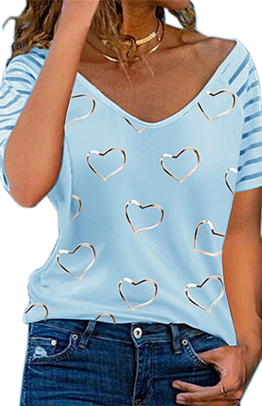 Heart Print Round Neck Short Sleeve Top - Sky blue azure / S