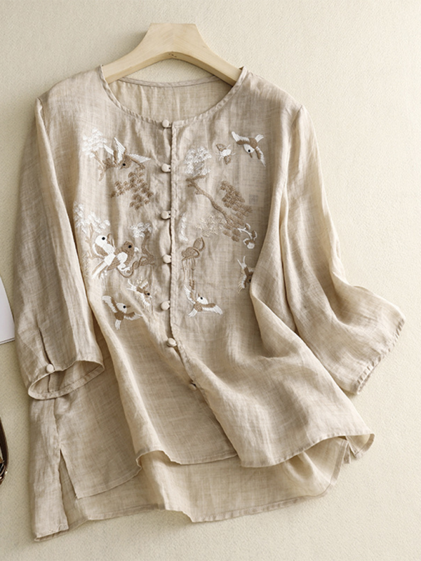 Heavy Embroidery Shirt Women’s Round Neck Thin Slit Retro Linen Top - Cracker khaki / M