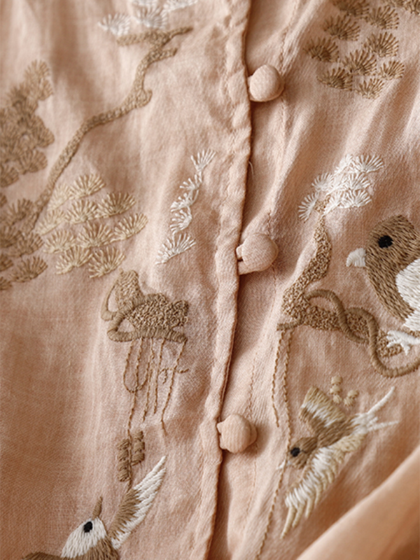 Heavy Embroidery Shirt Women’s Round Neck Thin Slit Retro Linen Top