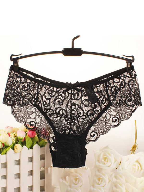 High elasticity floral knit nylon sexy panties - Black / XS