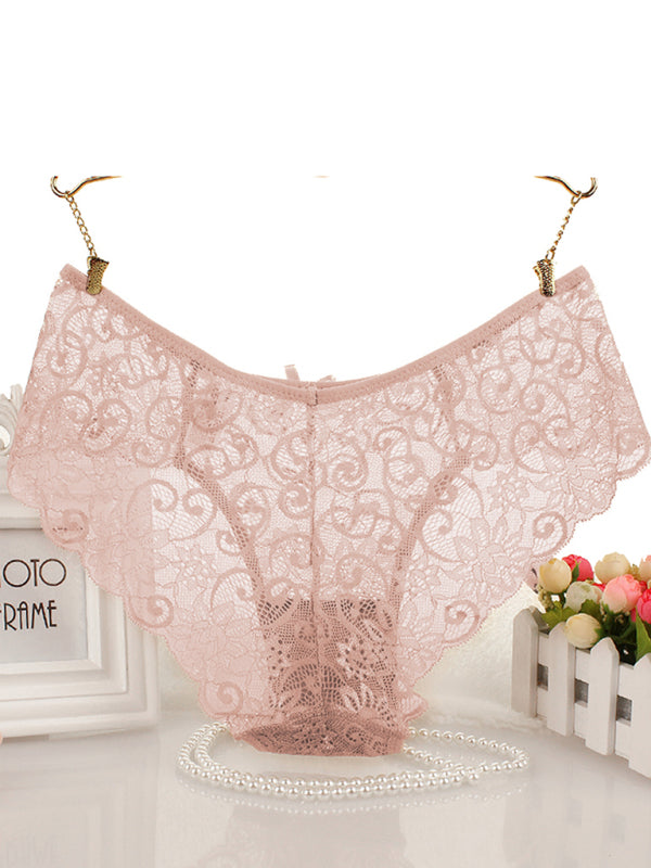 High elasticity floral knit nylon sexy panties - Nude / XS