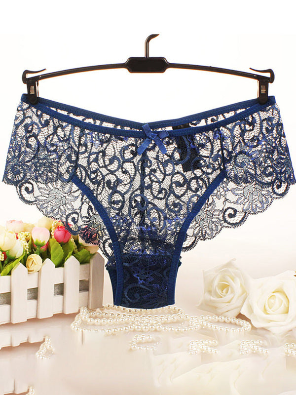 High elasticity floral knit nylon sexy panties - Purplish blue navy / XS