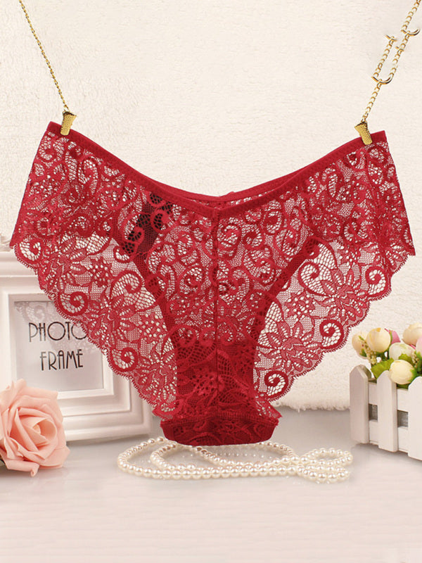 High elasticity floral knit nylon sexy panties - Red / XS