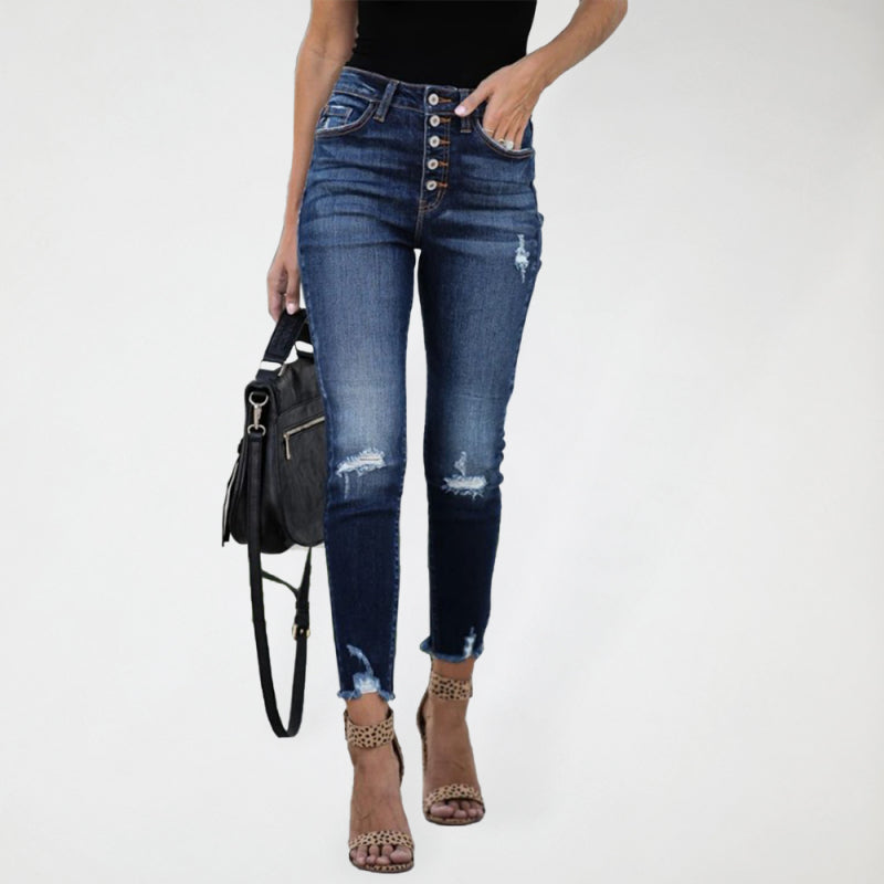 High Waist Retro Breasted Fringed Small Feet Elastic Ripped Jeans Women’s Trousers - Purplish blue navy / S