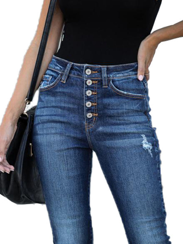 High Waist Retro Breasted Fringed Small Feet Elastic Ripped Jeans Women’s Trousers