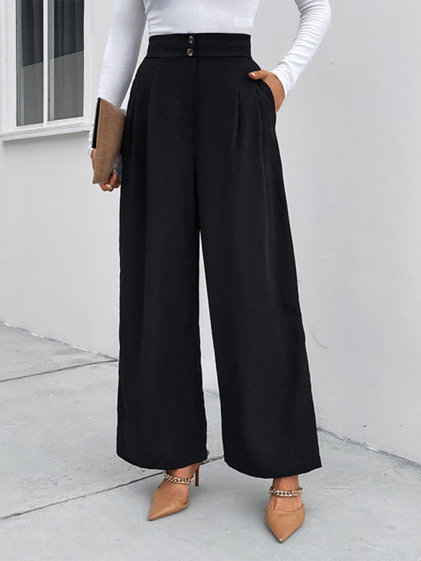 High-Waisted Self Design Wide Leg Pants - Black / S