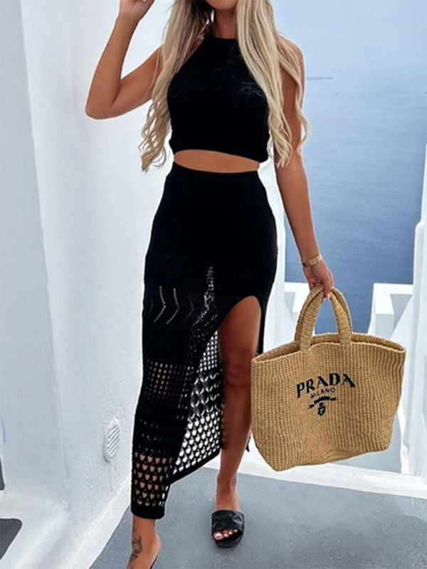 Hollow bikini cover-up cropped top + split hip-covering skirt two-piece set - Black / S