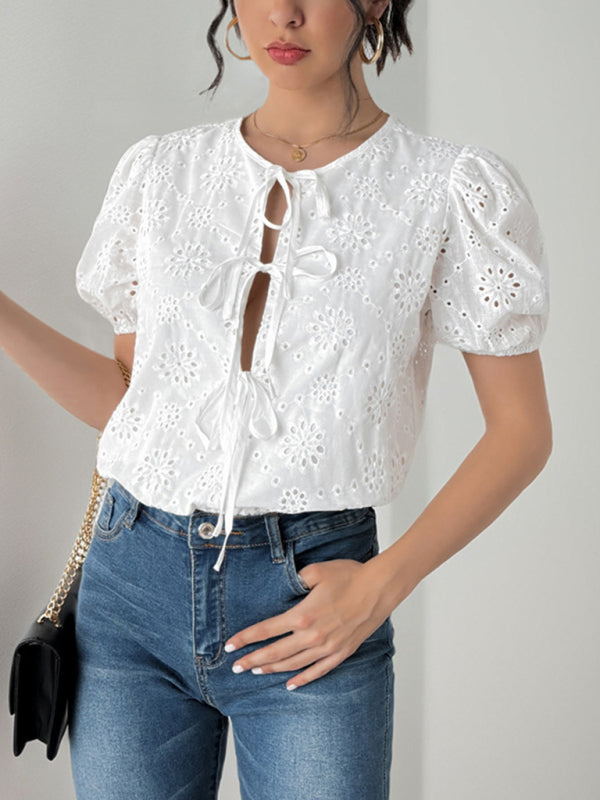 Hollow jumpsuit bow tie puff sleeve jumpsuit outer wear
