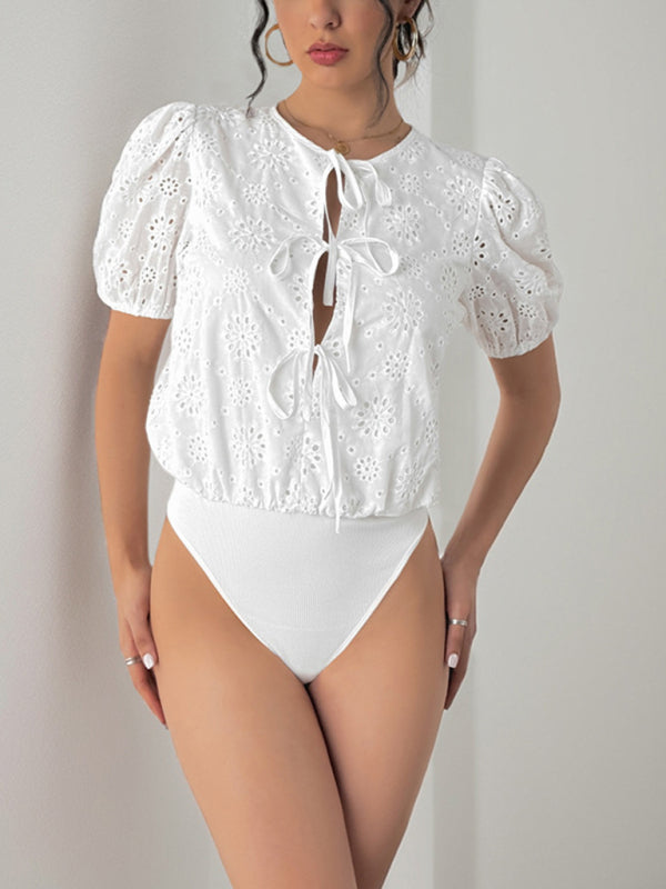 Hollow jumpsuit bow tie puff sleeve jumpsuit outer wear