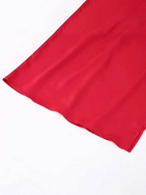 Red satin fabric showcased on Hollow Strap Holiday Party Sexy Dress for an elegant look