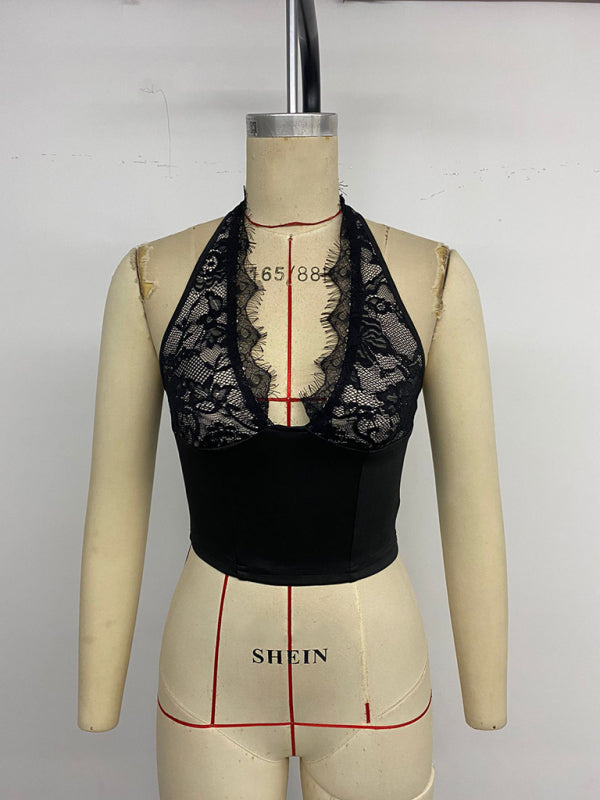 Black lace halter top with slight elasticity and intricate weaving type for Hot Girl Party vest