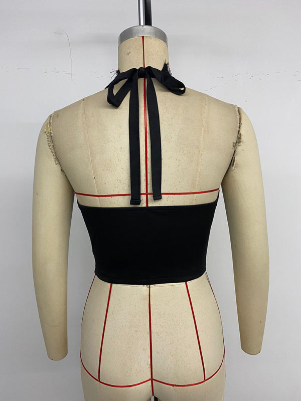 Black halter top on mannequin showcasing slight elasticity and weaving type for the Hot Girl Party Vest