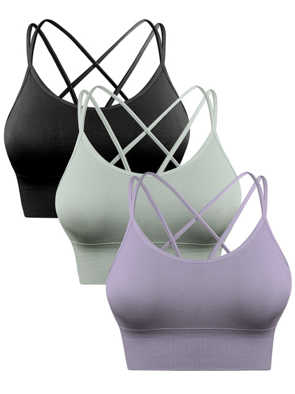 3 Pack Women’s Sports Bra Padded Crisscross Yoga Bra Seamless Medium-Impact Fitness Activewear - black + green + purple