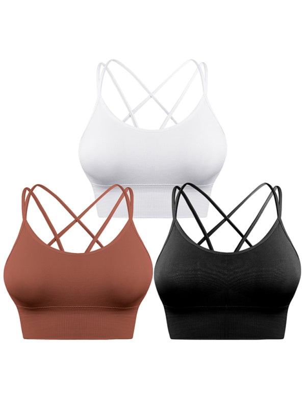 3 Pack Women’s Sports Bra Padded Crisscross Yoga Bra Seamless Medium-Impact Fitness Activewear - black + white + brown